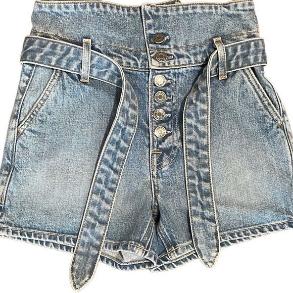 GRLFRND shorts Sz 23 Brynn Tie-Waist Denim Hi Waist Blue Button Fly‎ 70s NWOT - Picture 3 of 10